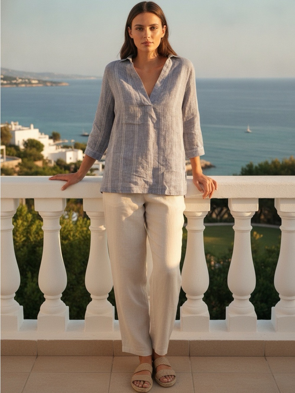 Tahari Women’s 100% Linen Blue Stripe Lagenlook Coastal Granny Collared Tunic M